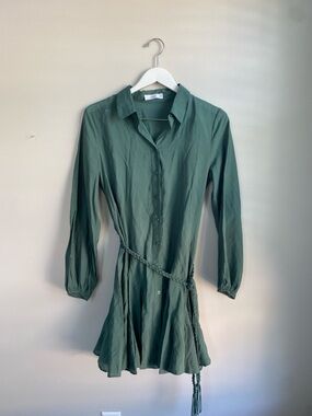 TALULAH Colorado Green Long Sleeve Shirt Dress with Braided Waist Tie